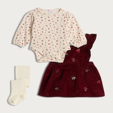 F&F Baby 3-Piece Embroidered Corduroy Pinny, Floral Bodysuit and Tights Set in Burgundy