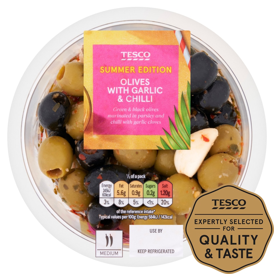 Tesco Mixed Olives With Garlic & Chilli 210G Tesco Groceries
