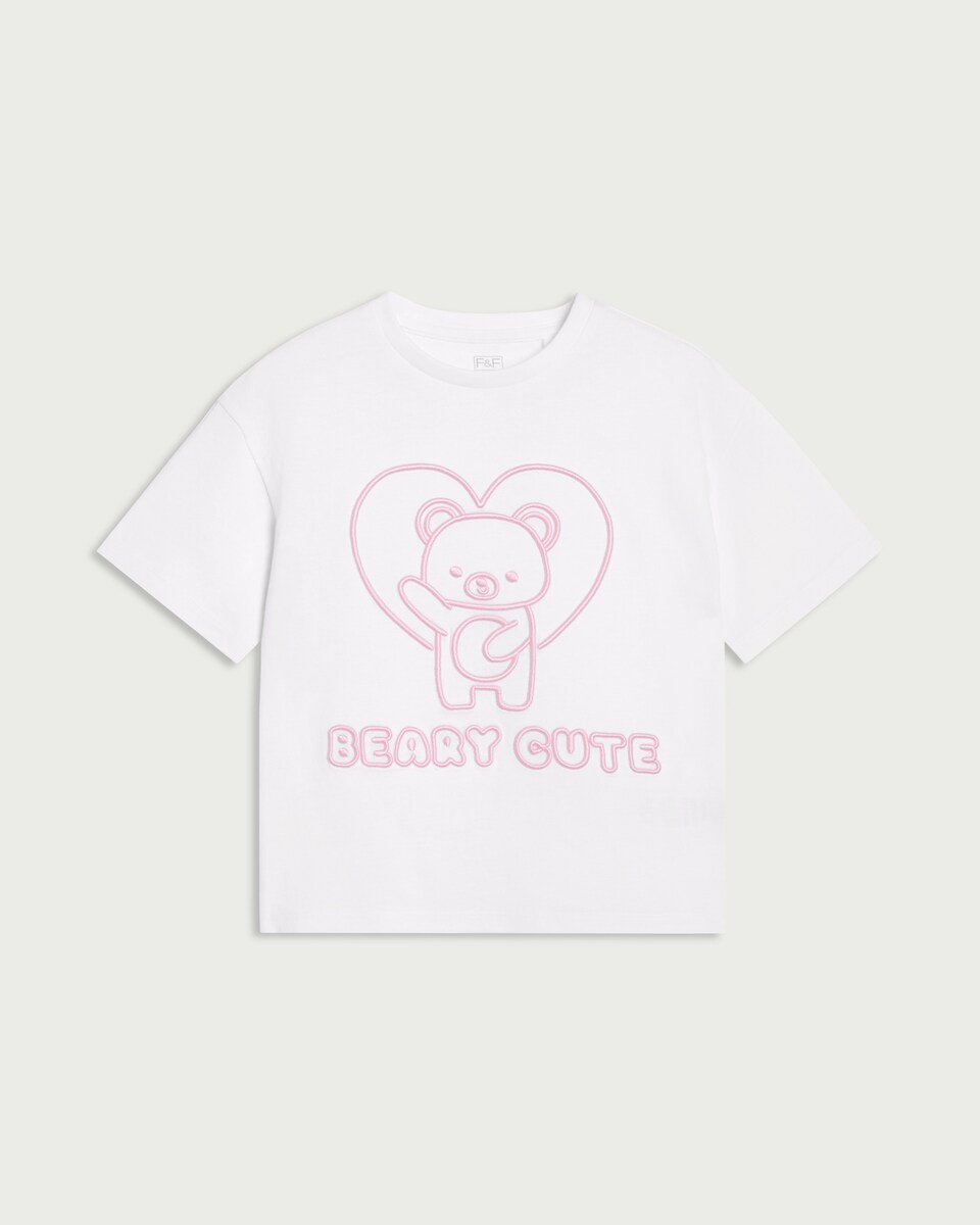 image 1 of F&F Girls Pure Cotton Bear Embroidered T-Shirt in White