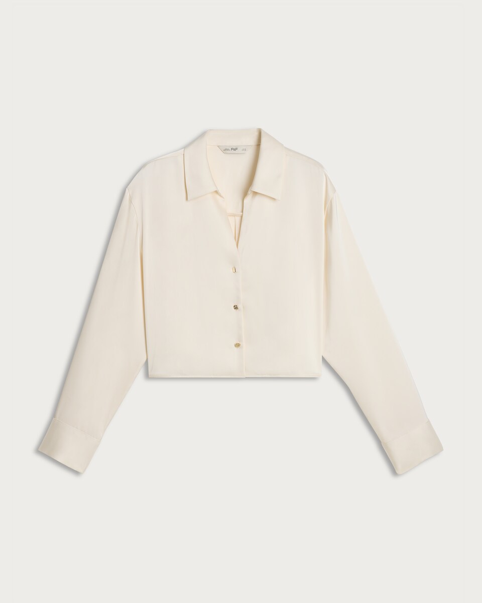image 1 of F&F Satin Cropped Button Up Shirt in Cream
