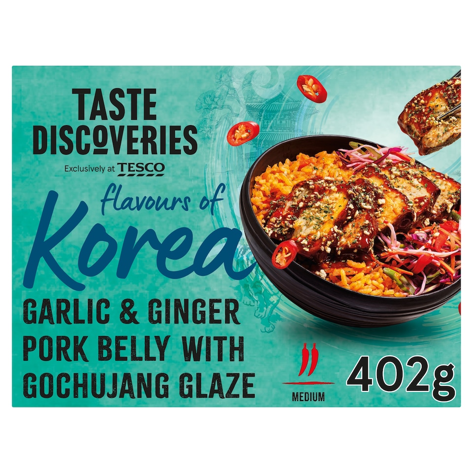 image 1 of Tesco Taste Discoveries Flavours of Korea Garlic & Ginger Pork Belly with Gochujang Glaze 402g