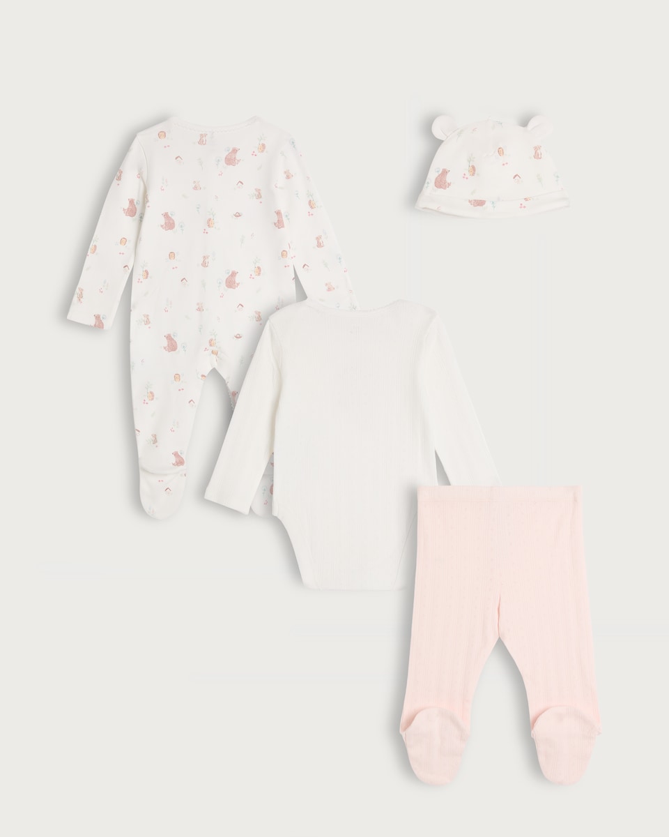 image 1 of F&F Baby 4-Piece Pure Cotton New to the World Set in Multi Pink