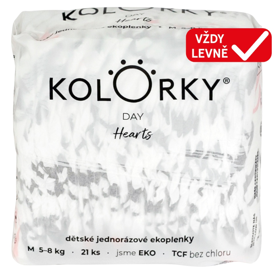 Obrázek 1 pro produkt Kolorky Day Hearts dětské jednorázové ekoplenky M 5-8 kg 21 ks
