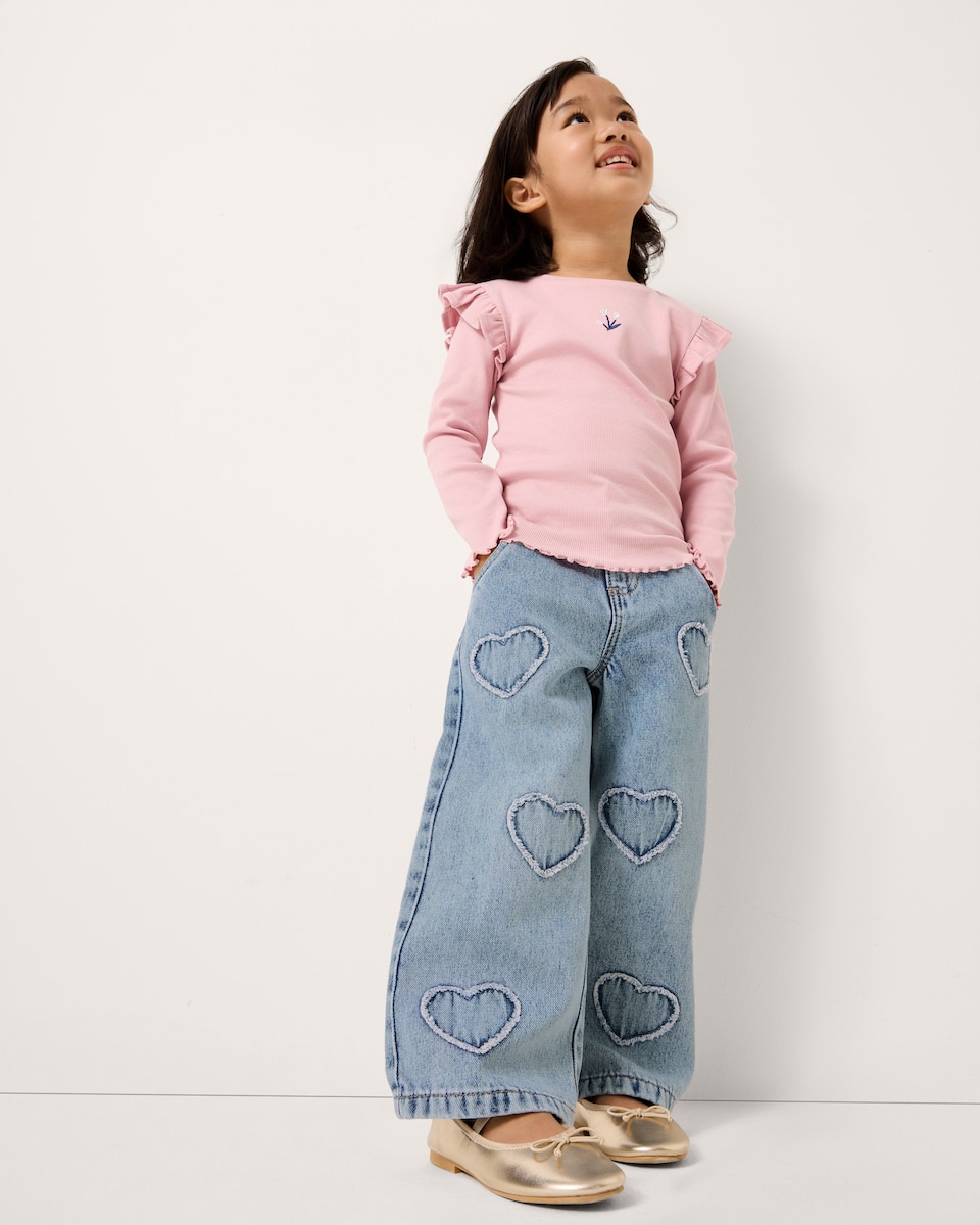 image 1 of F&F Girls Pure Cotton Heart Pattern Jeans in Blue