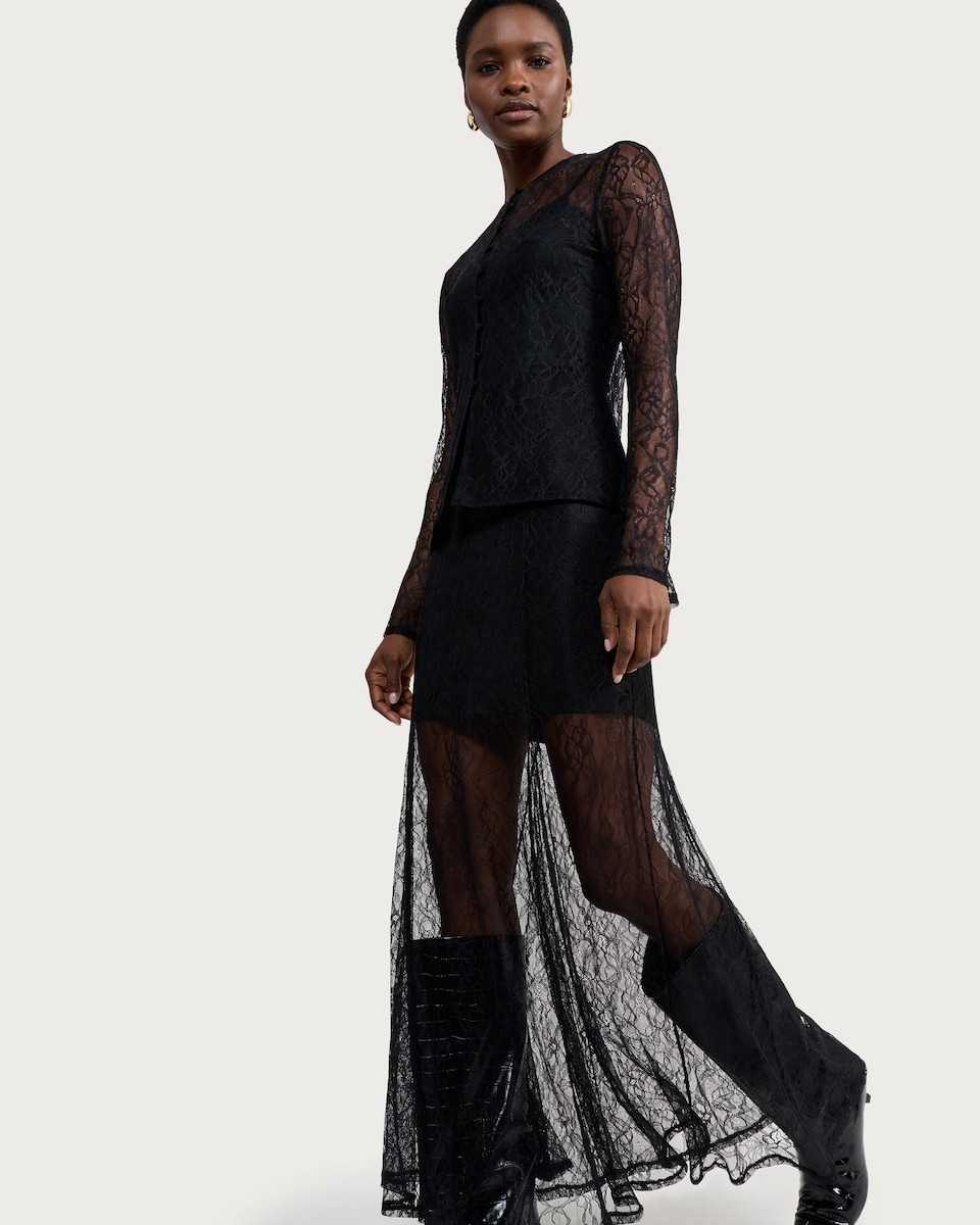 image 1 of F&F Lace Detail Long Sleeved Co-ord Top in Black