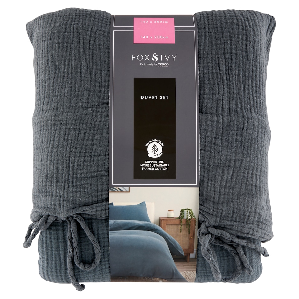 image 1 of Fox & Ivy Muslin Blue Single Duvet Set 140 x 200 cm