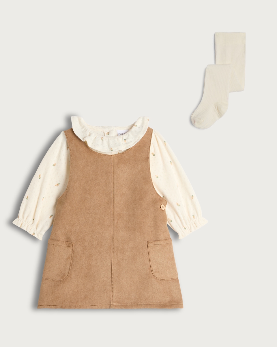 image 1 of F&F Baby 3-Piece Faux Suede Pinafore, Bodysuit and Tight Set in Brown