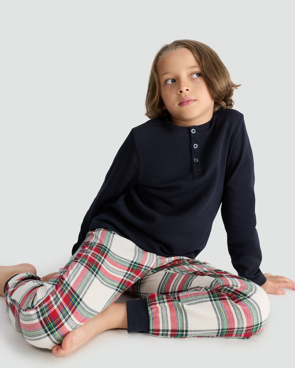image 1 of F&F Boys Pure Cotton Henley Top and Cuffed Bottoms Pyjamas in Multi