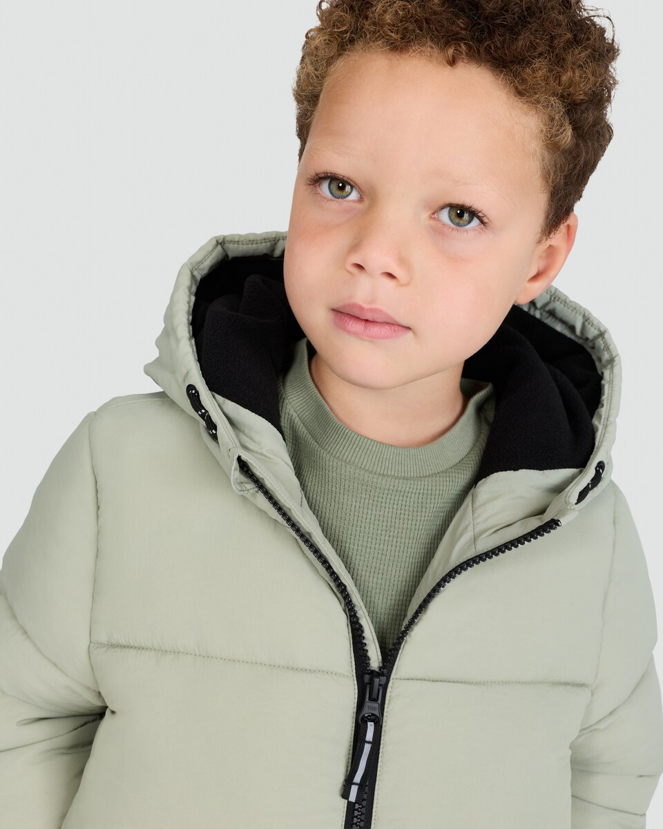 image 1 of F&F Boys Zip Through Hooded Puffer Jacket in Green