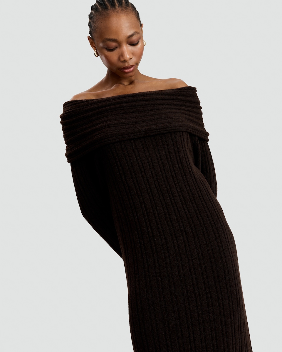 image 1 of F&F Ribbed Knit Bardot Midi Dress with Wool in Brown