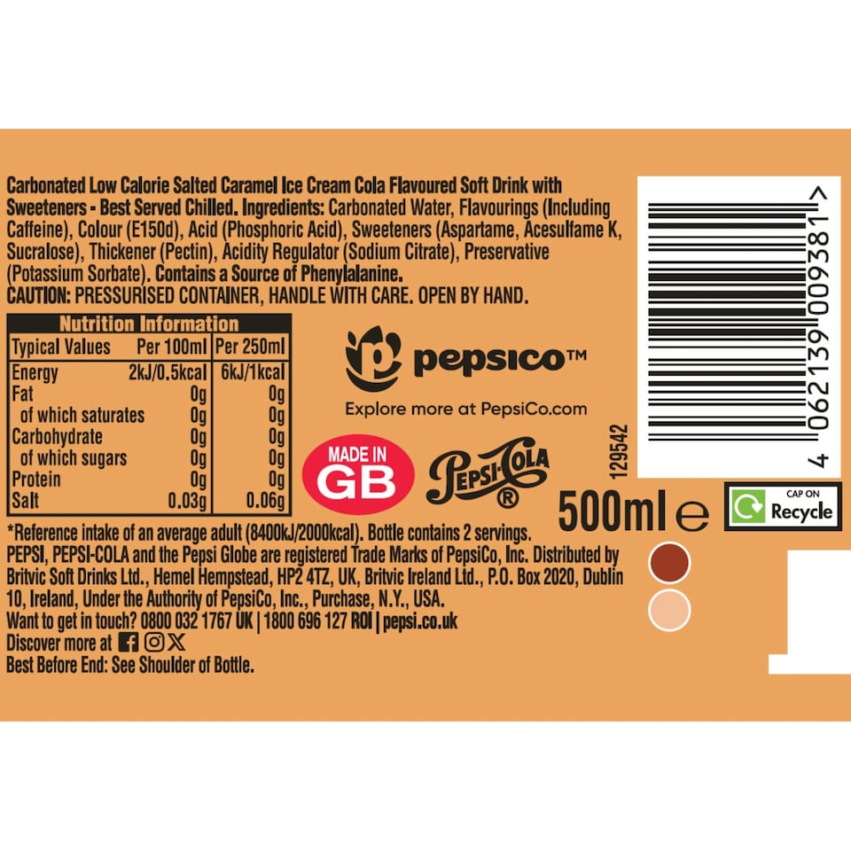 image 1 of PEPSI Zero Sugar Salted Caramel Flavour 500ML