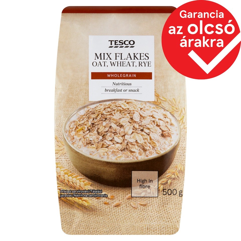 Tesco teljes kiőrlésű zab-, búza- és rozspelyhek keveréke 500 g