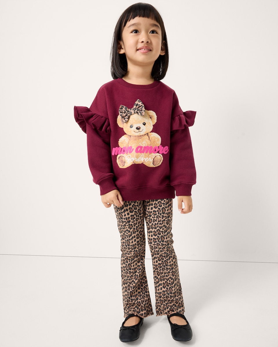 image 1 of F&F Girls Cotton Rich Teddy Sweatshirt and Flared Leggings Set in Multi Brown
