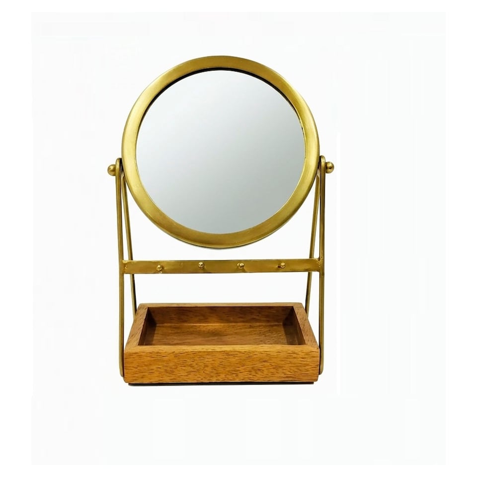 F&F Home Gold Mirror with Wooden Base