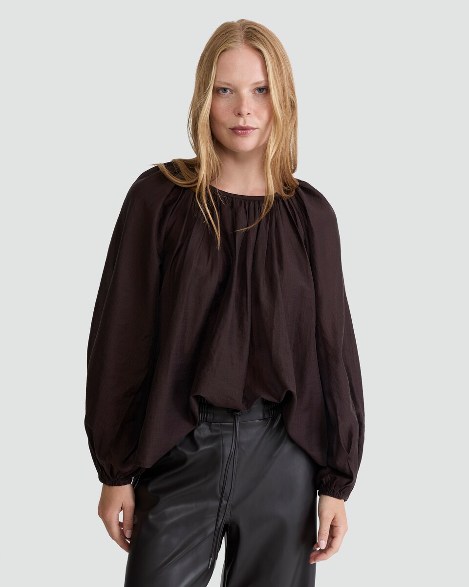 image 1 of F&F Lyocell Rich Gathered Long Sleeved Blouse in Brown
