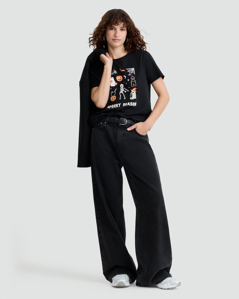 image 1 of F&F Pure Cotton Spooky Season Slogan T-Shirt in Black
