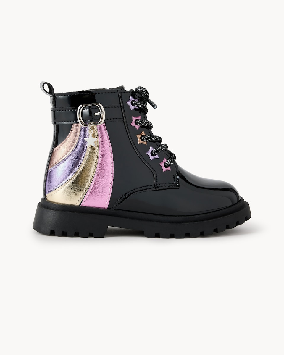 image 1 of F&F Girls Rainbow Lace Up Boots in Black