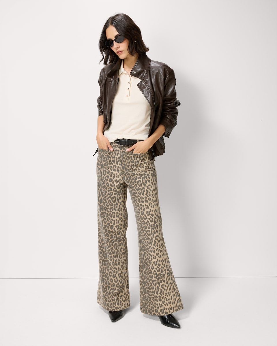 image 1 of F&F High Rise Leopard Print Flared Jeans in Brown