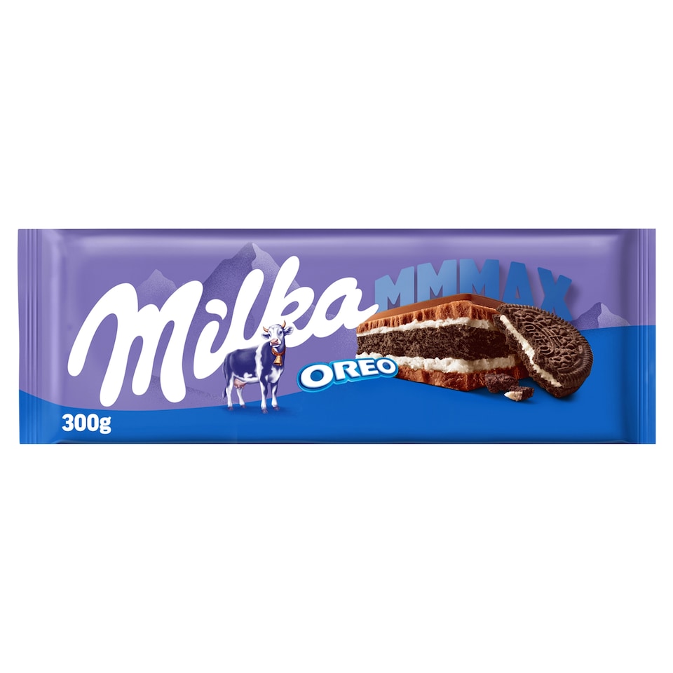 Milka Mmmax Oreo alpesi tejcsokoládé vanília ízű tejes krémtöltelékkel és kakaós keksszel 300 g