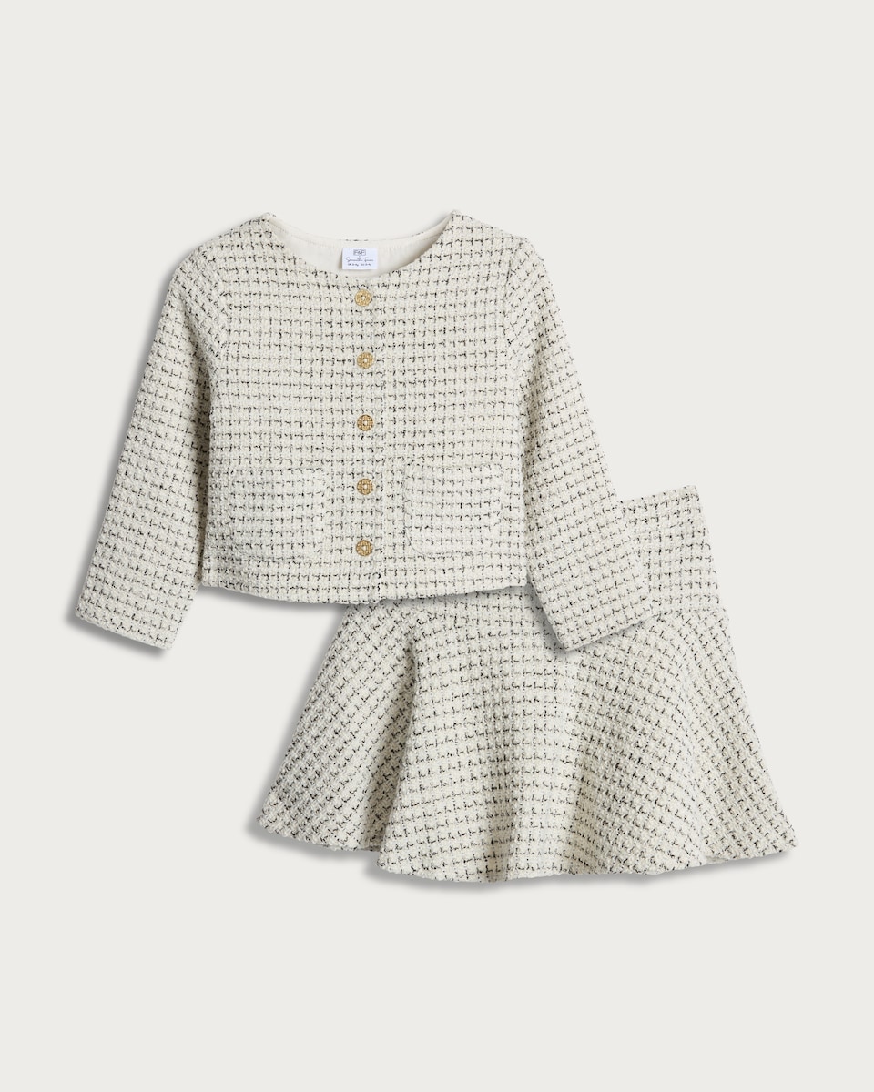 image 1 of F&F x Samantha Faiers 2-Piece Tweed Jacket and Skirt Set in Cream
