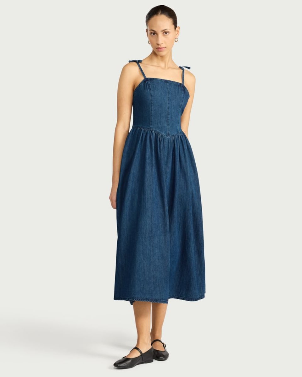 image 1 of F&F Pure Cotton Denim Tie Strap Midi Dress in Navy