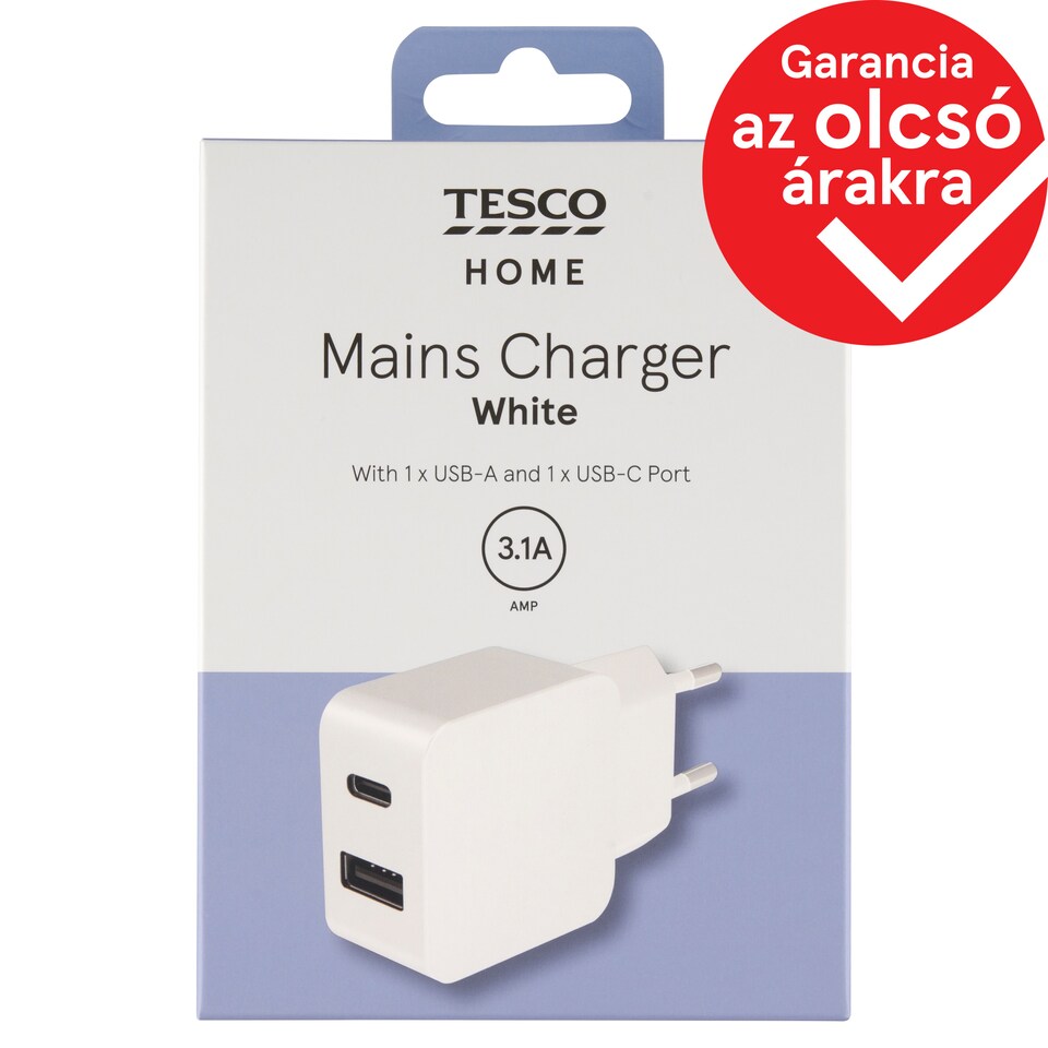Tesco Home hálózati töltőfej 2 db kimenettel USB-C és USB-A, fehér