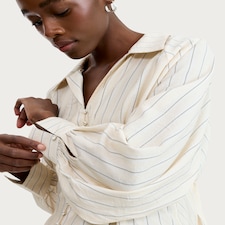 F&F Stripe Print Cinched Waist Button Up Blouse in Neutral