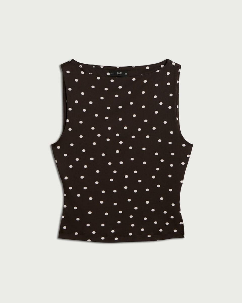 image 1 of F&F Polyamide Polka Dot Sleeveless Top in Brown
