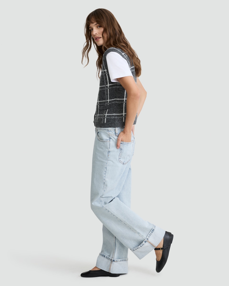 image 1 of F&F Knitted Check Print Button Up Vest with Wool in Grey