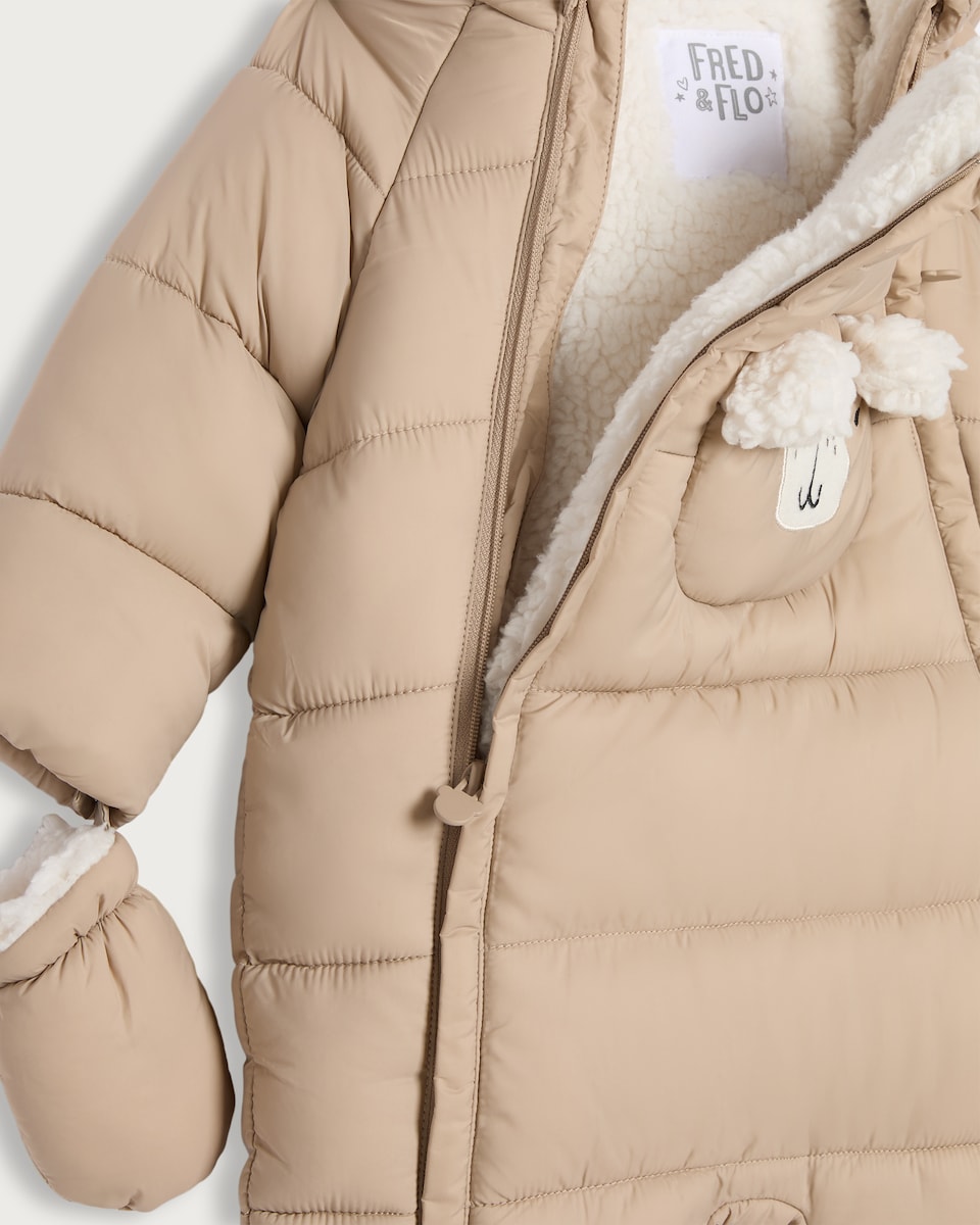 image 1 of F&F Baby Borg Bear Face Shower Resistant Snowsuit in Tan