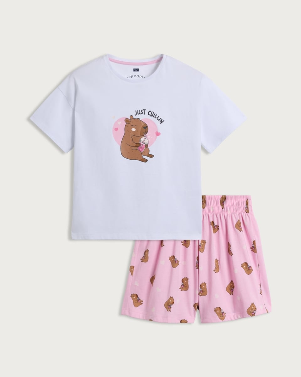 F&F Girls Pure Cotton Capybara Pyjama Set in White