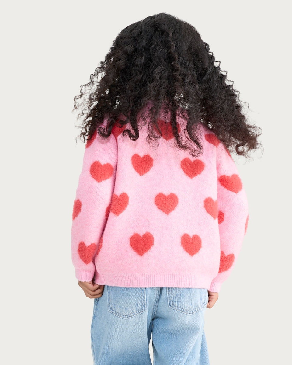 image 1 of F&F Girls Textured Heart Pattern Cardigan in Pink