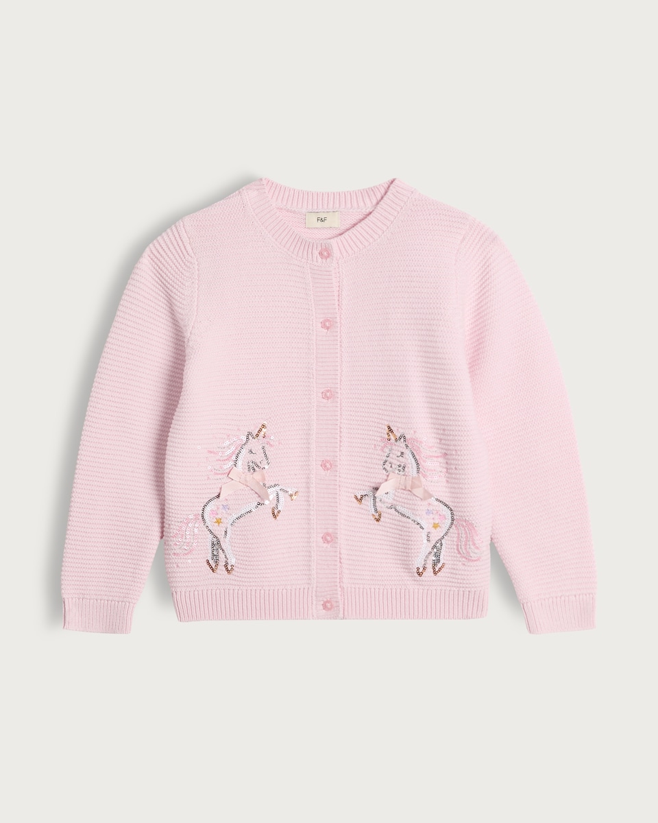 image 1 of F&F Girls Pure Cotton Unicorn Print Cardigan in Pink
