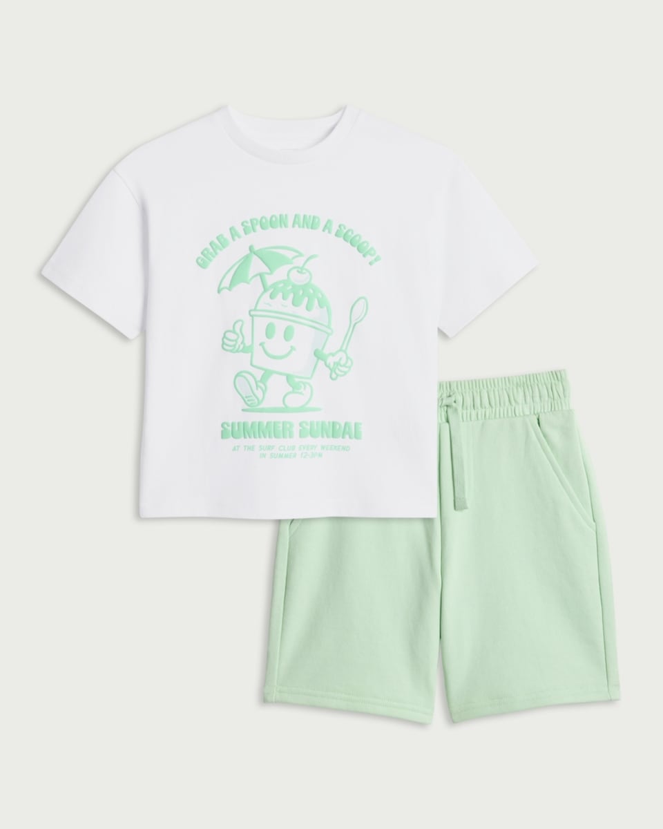 image 1 of F&F Boys 2-Piece Summer Sundae T-Shirt and Shorts Set in Multi Green