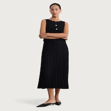 F&F Button Front Pleated Sleeveless Midi Dress in Black