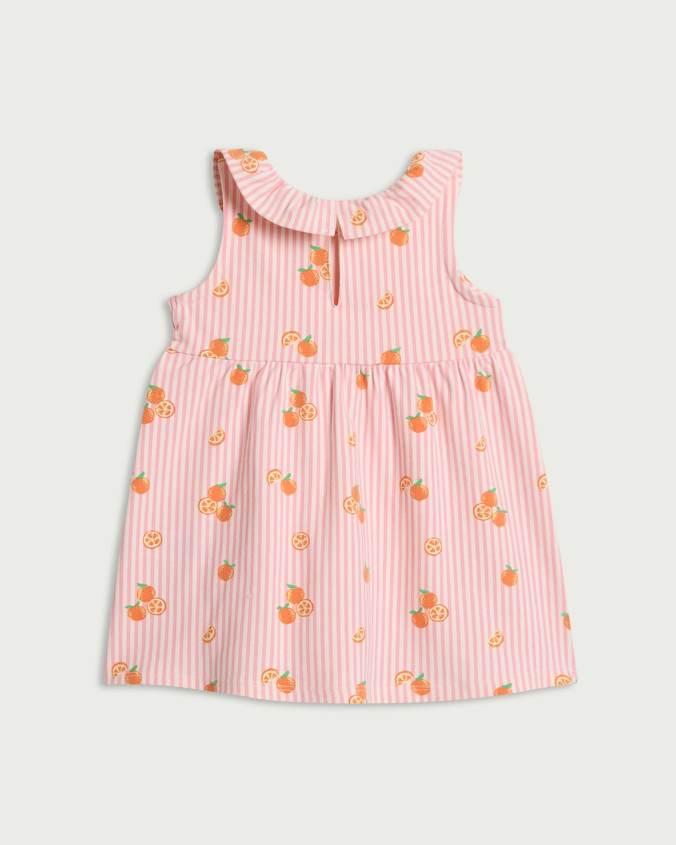 image 1 of F&F Baby Cotton Rich Striped Fruit Print Dress in Pink