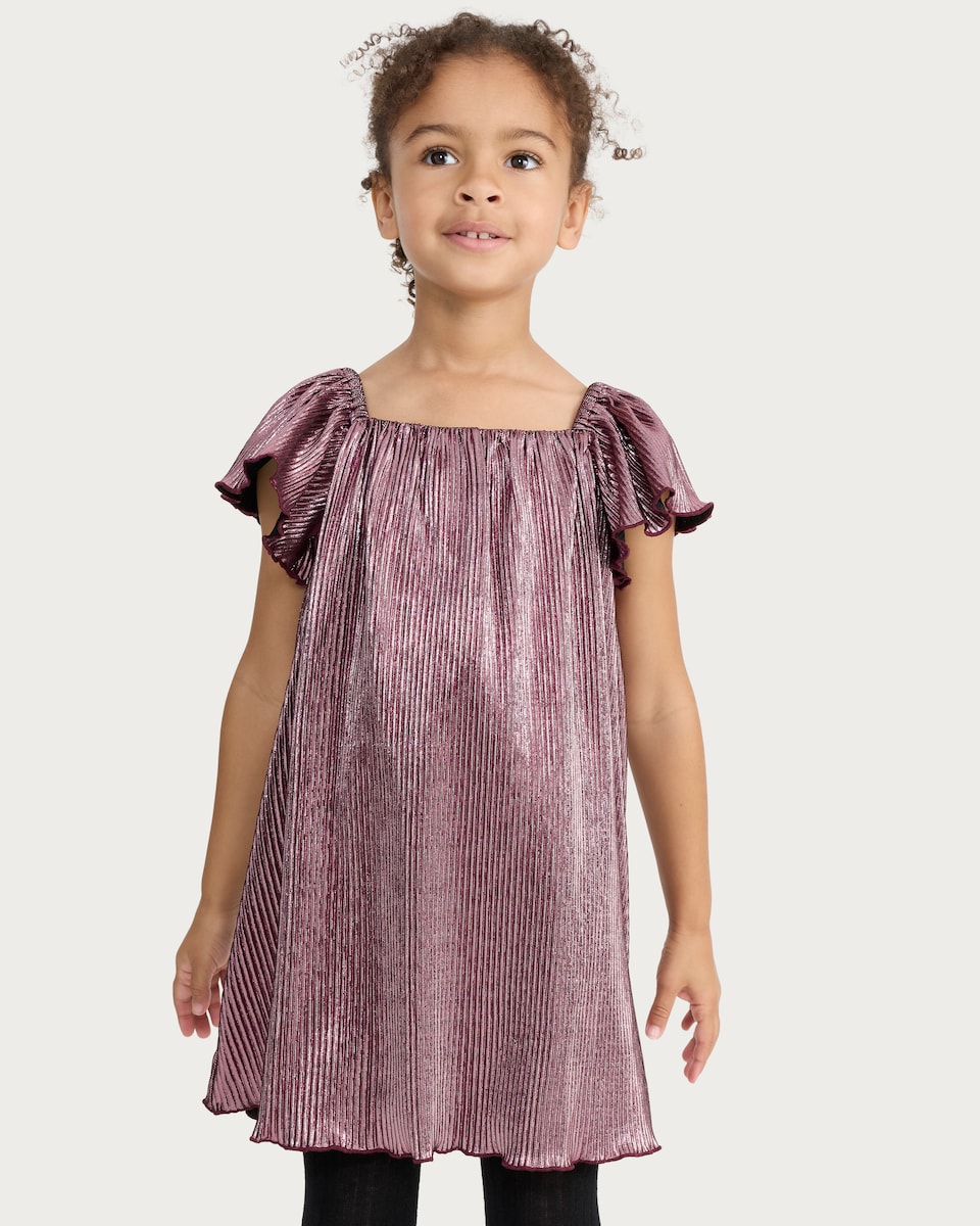 image 1 of F&F Girls Pleated Metallic Flutter Sleeved Dress in Pink