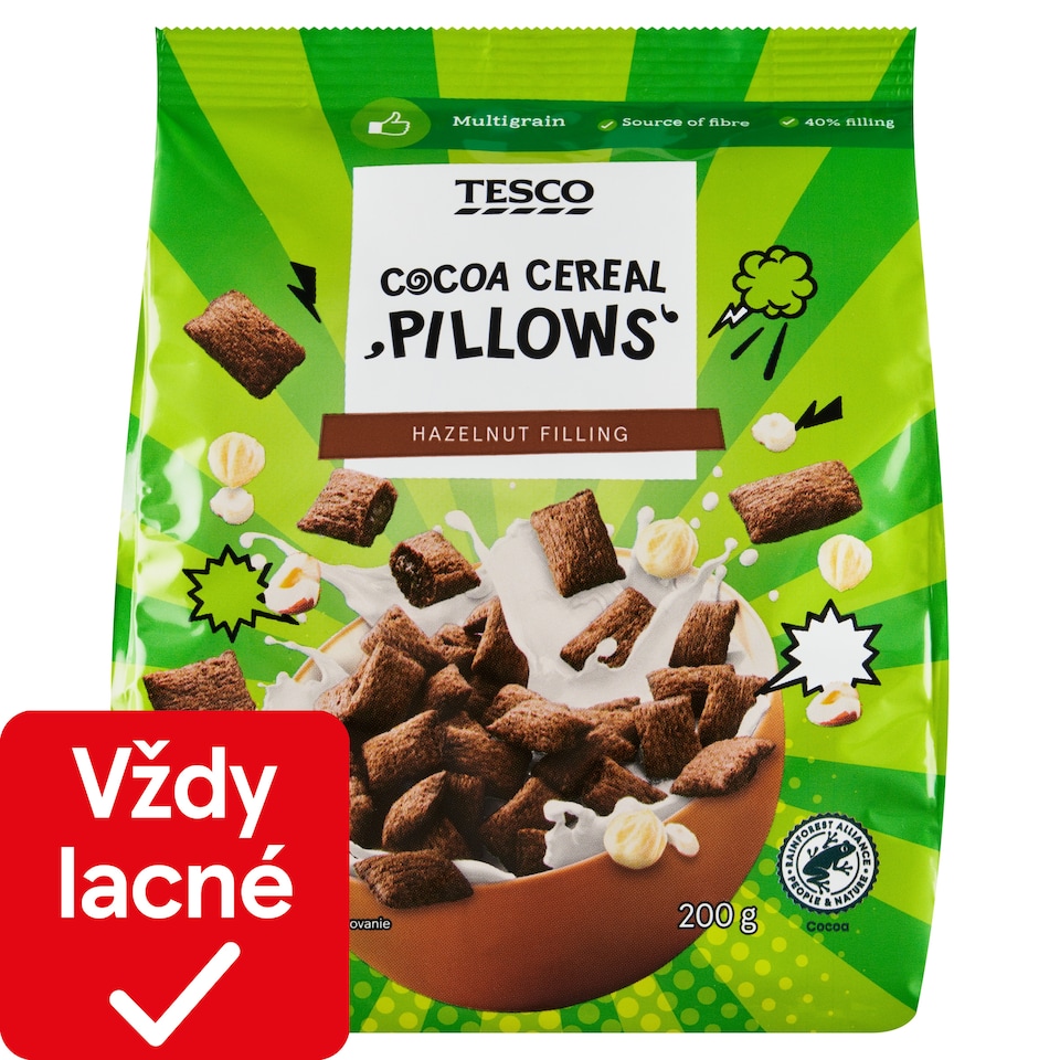 Tesco Kakaové obilninové vankúšiky s lieskovoorieškovou náplňou 200 g