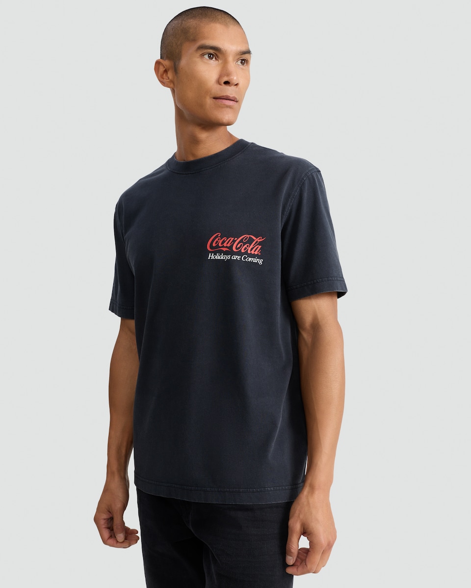 image 1 of Coca-Cola Holidays Are Coming Print Pure Cotton T-Shirt in Black