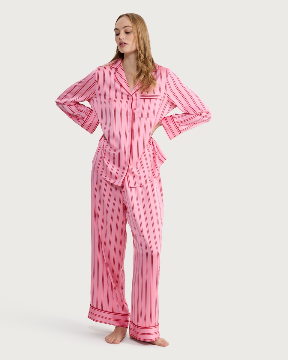 image 1 of F&F Satin Stripe Print Shirt and Trousers Pyjamas in Multi Pink
