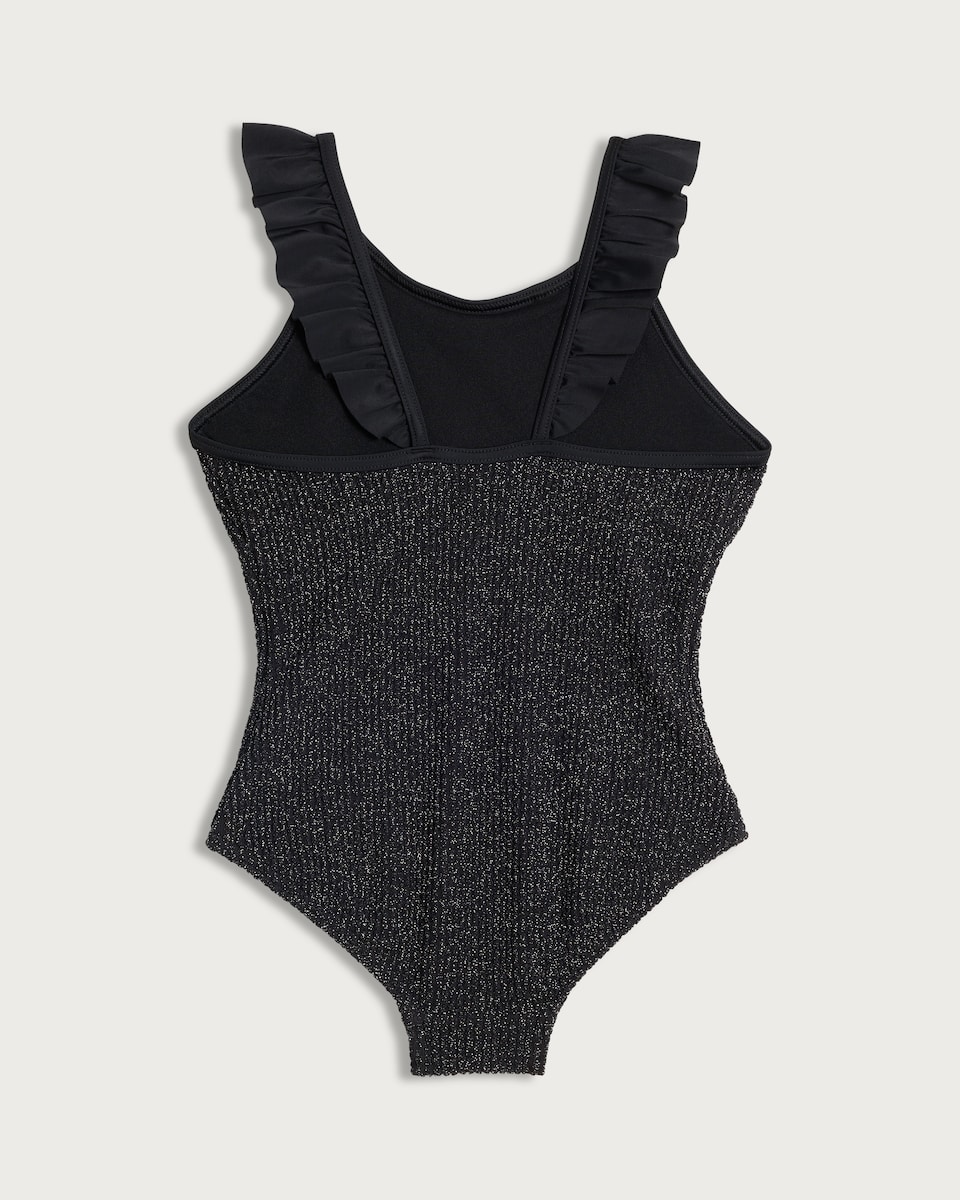 image 1 of F&F Girls Metallic Crinkle Textured Swimsuit in Black