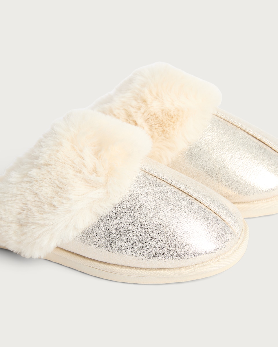 image 1 of F&F Metallic Faux Fur Trim Mule Slippers in Gold