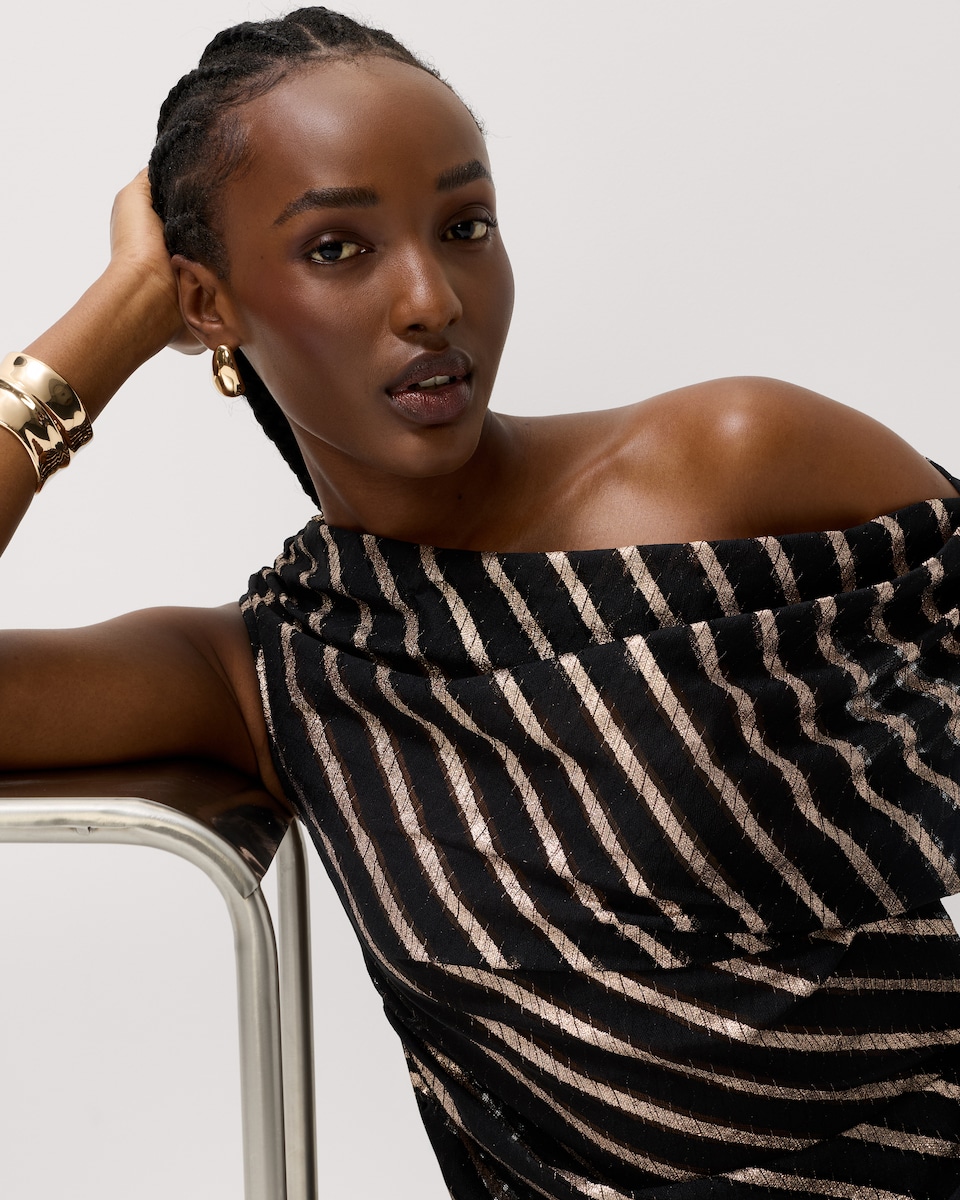 image 1 of F&F Satin Sparkly Striped Draped Top in Chocolate
