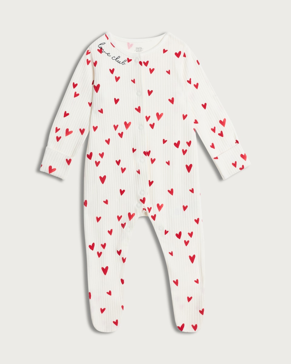 image 1 of F&F Baby Cotton Rich Ribbed Heart Print Long Sleeved Sleepsuit in Red