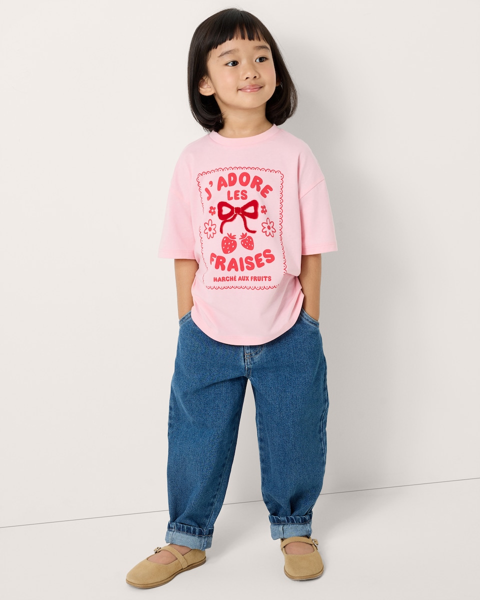 image 1 of F&F Girls Pure Cotton Strawberry Print T-Shirt in Pink