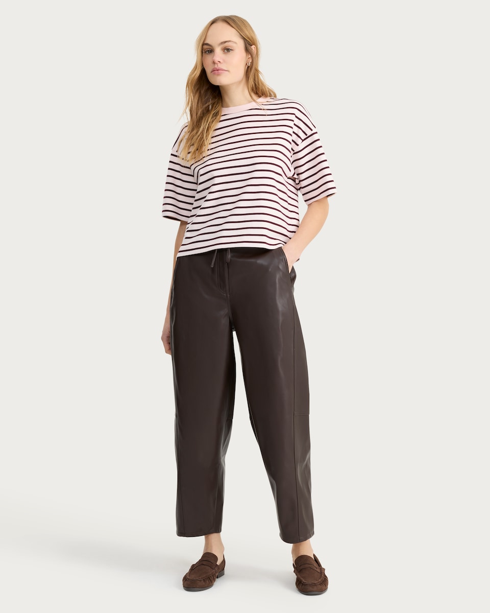 image 1 of F&F Faux Leather Barrel Leg Drawstring Trousers in Brown