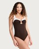 image 2 of F&F Textured Contrast Trim Metal Cut Out Swimsuit in Brown