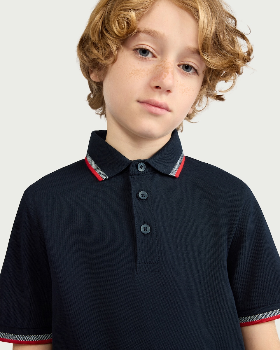 image 1 of F&F Boys Pure Cotton Tipped Polo Shirt in Navy