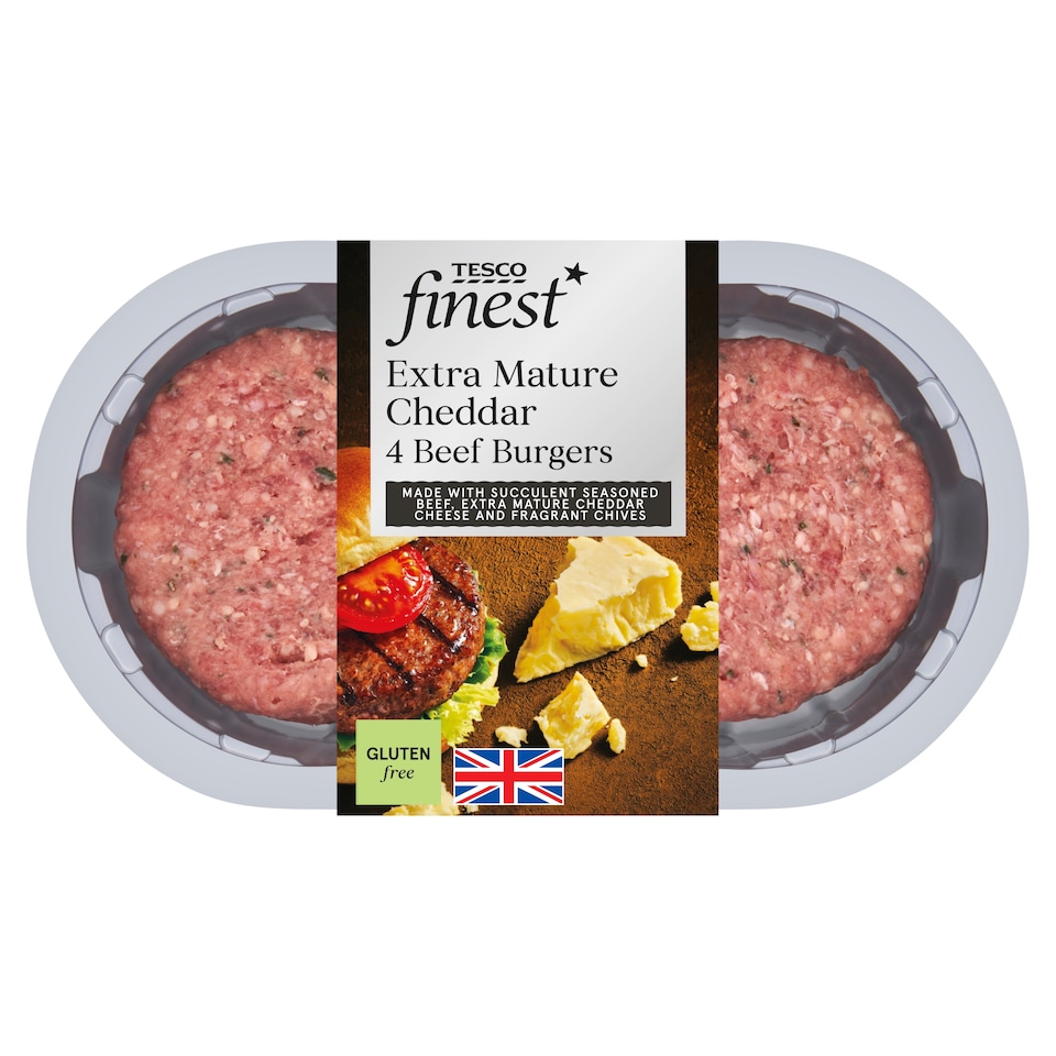 Tesco Finest Extra Mature Cheddar Beef Burgers 454g
