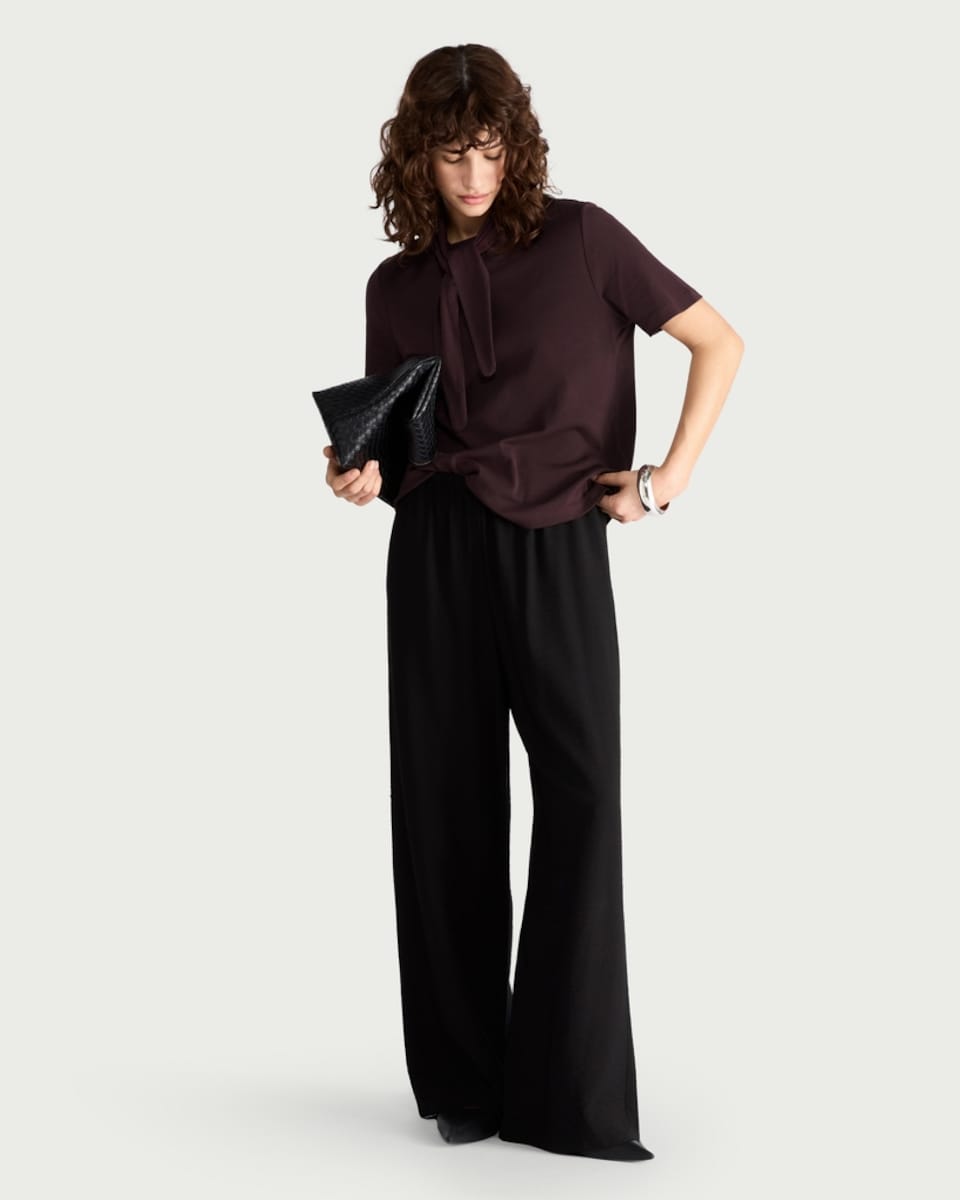 image 1 of F&F Pure Cotton Scarf Neck Short Sleeved Top in Purple